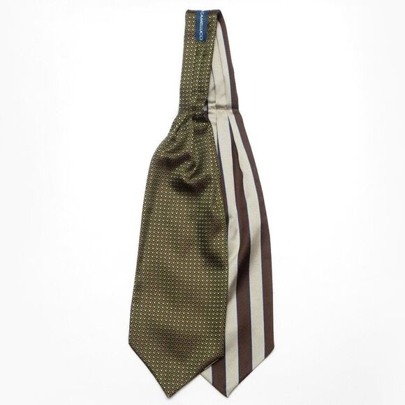 Ascot Cravat NWT Green Grey Brown Striped Reversible Silk A222